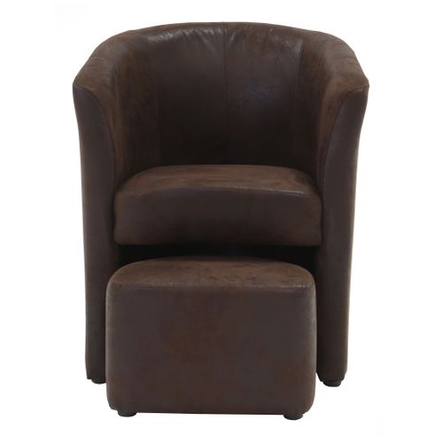 Fauteuil cabriolet et pouf CLAYTON tissu Gobi marron foncé
