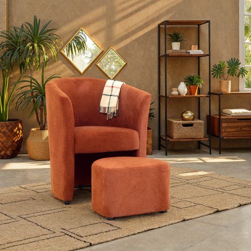 Fauteuil cabriolet et pouf CLAYTON tissu Soro terracotta vue d'ambiance 1