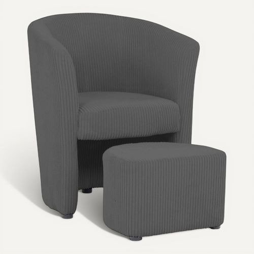 Fauteuil cabriolet et pouf CLAYTON II tissu lincoln gris foncé vue 3/4