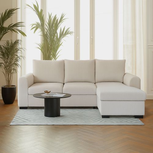 Canapé d'angle convertible méridienne réversible HARPER velours côtelé beige