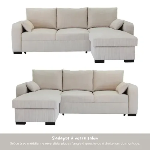 Canapé d'angle convertible méridienne réversible HARPER velours côtelé beige vue de profil