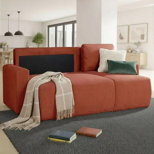 Canapé d'angle convertible MILO tissu terracotta vue d'ambiance 1