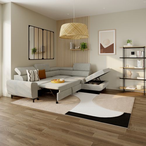 Canapé d'angle convertible droit SANTIAGO tissu blanc cassé