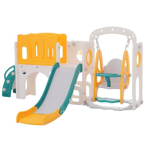 Ensemble de Toboggan et Balançoire 7 en 1 en Forme de L Toboggan Autoportant avec Balançoire Panier de Basket & Télescope pour 1-3 Ans Rose