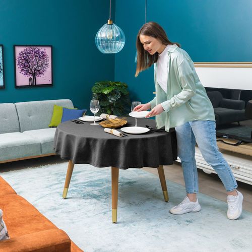 Nappe Ronde, Gris Foncé, Aspect Lin, Imperméable, Lavable En Machine, Réversible, 160 Cm