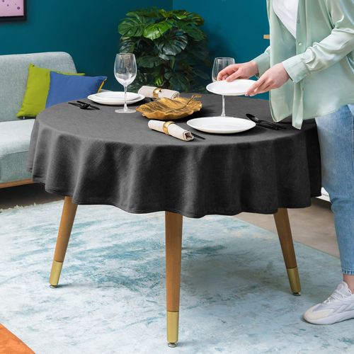 Nappe Ronde, Gris Foncé, Aspect Lin, Imperméable, Lavable En Machine, Réversible, 160 Cm