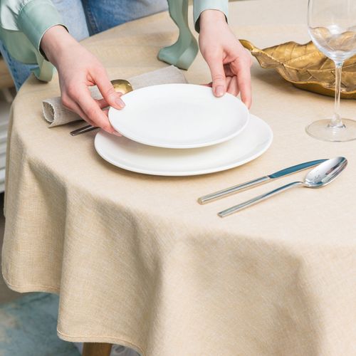Nappe Ronde, Beige, Aspect Lin, Imperméable, Lavable En Machine, Réversible, 160 Cm