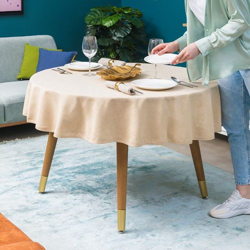 Nappe Ronde, Beige, Aspect Lin, Imperméable, Lavable En Machine, Réversible, 160 Cm