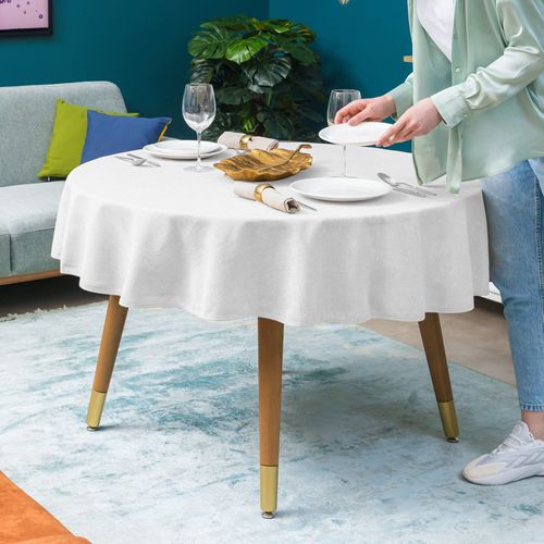 Nappe Ronde,blanc, Aspect Lin, Imperméable, Lavable En Machine, Réversible, 160 Cm