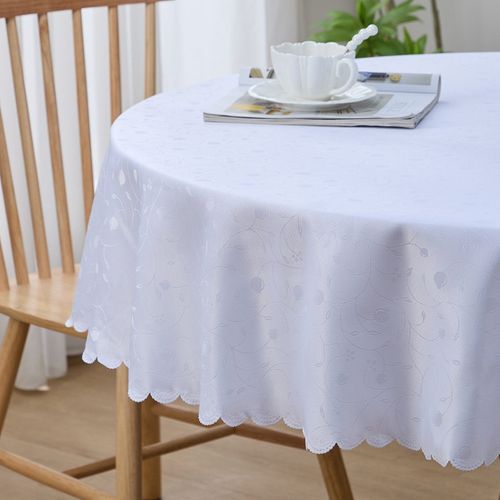 Nappe Ronde Blanche Jacquard, Imperméable, Bord Ondulé, Infroissable Et Résistante Aux Rayures