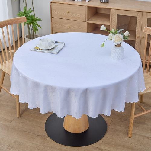 Nappe Ronde Blanche Jacquard, Imperméable, Bord Ondulé, Infroissable Et Résistante Aux Rayures