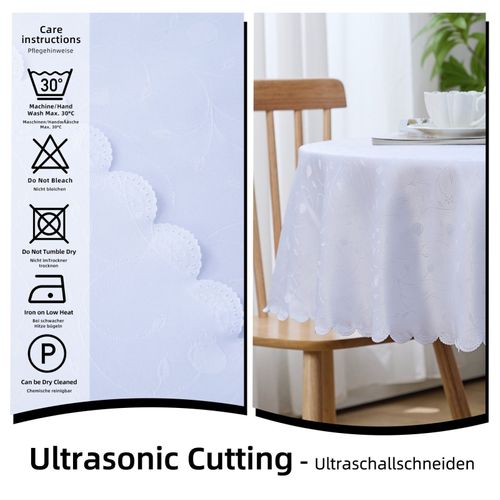 Nappe Ronde Blanche Jacquard, Imperméable, Bord Ondulé, Infroissable Et Résistante Aux Rayures