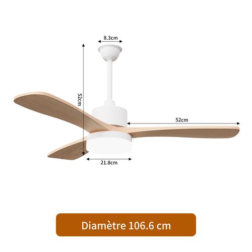 Ventilateur De Plafond Avec Lumière LED, 6 Vitesses De Ventilation, Couleur Bois, 3 Pales, 42 Pouces