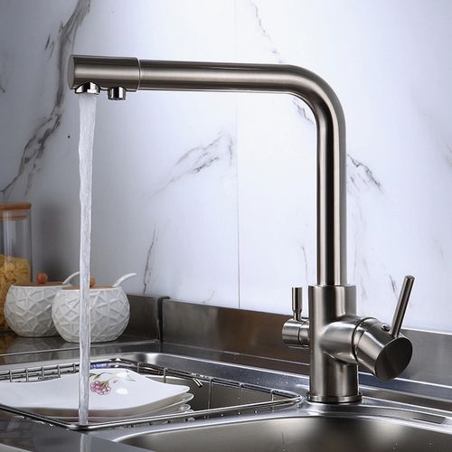 Robinet Cuisine Avec 2 Poignées Robinetterie Mitigeur Evier Eau Potable Eau Froide Et Chaude Argent