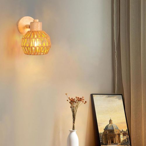 2 Pièces Applique Murale Réglable Vintage 15cm Lampe Interieur En Rotin Bois Plafonnier Marron