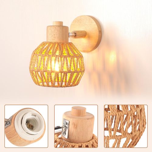2 Pièces Applique Murale Réglable Vintage 15cm Lampe Interieur En Rotin Bois Plafonnier Marron