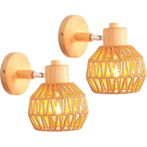 2 Pièces Applique Murale Réglable Vintage 15cm Lampe Interieur En Rotin Bois Plafonnier Marron