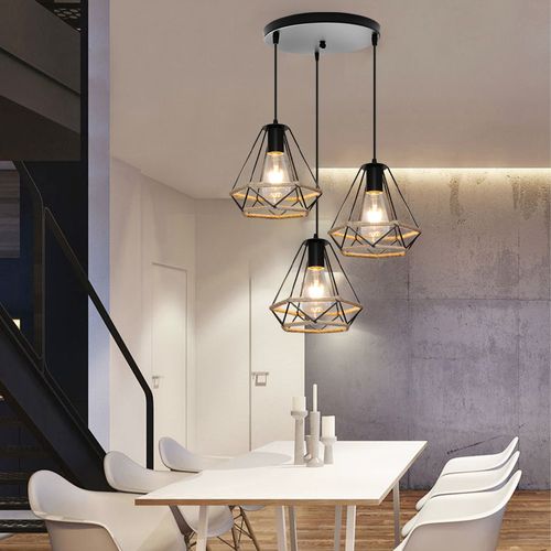 Lustre Rétro Noir Lampe à Suspension En Corde De Chanvre 20cm Plafonnier D'intérieur à 3 Lumières