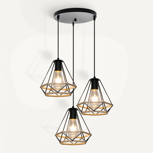 Lustre Rétro Noir Lampe à Suspension En Corde De Chanvre 20cm Plafonnier D'intérieur à 3 Lumières