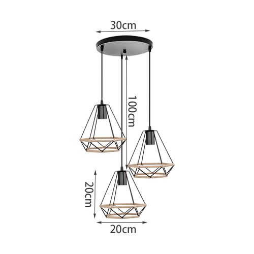 Lustre Rétro Noir Lampe à Suspension En Corde De Chanvre 20cm Plafonnier D'intérieur à 3 Lumières