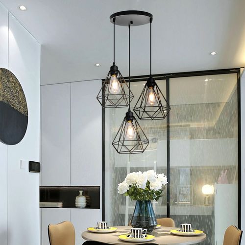 Lampe Suspendue Vintage Plafonnier Rétro En Métal 3 Lumières Suspension Luminaire Modernes E27 Noire