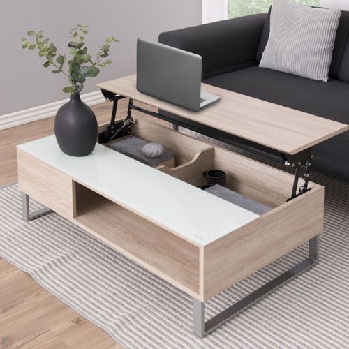 Table basse plateau relevable AZALEA Blanc et imitation chêne