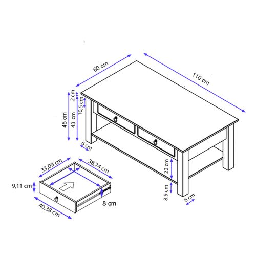 Ines - Table Basse Avec 2 Tiroirs En Pin Brun Foncé