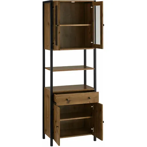 Chris-armoire Haute Avec 2 Portes Vitrées + 2 Portes En Aggloméré Chêne / Noir