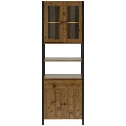 Chris-armoire Haute Avec 2 Portes Vitrées + 2 Portes En Aggloméré Chêne / Noir