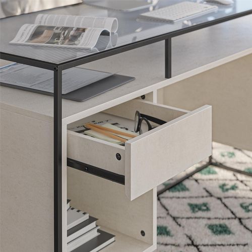 Camley-bureau Avec 2 Tiroirs Et Rangement En Verre Et Base En Mdf Plaster