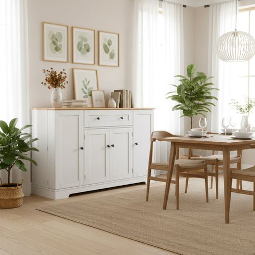 Buffet Blanc Et Bois 1 Tiroir 4 Portes