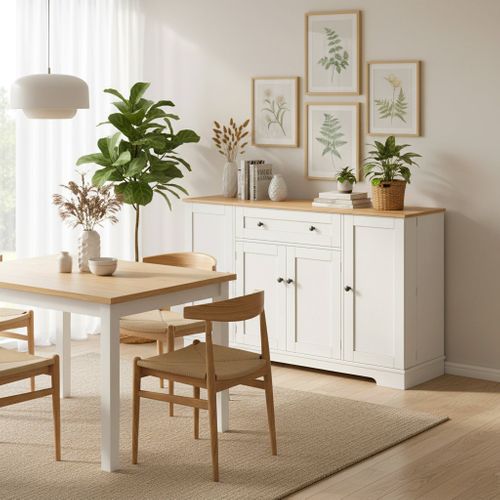 Buffet Blanc Et Bois 1 Tiroir 4 Portes