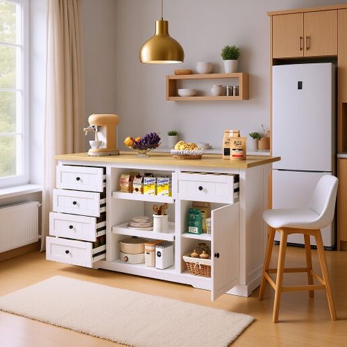 Îlot Cuisine Blanc Bois 5 Tiroirs