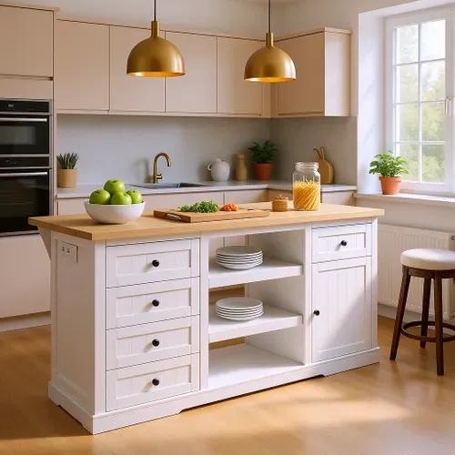 Îlot Cuisine Blanc Bois 5 Tiroirs