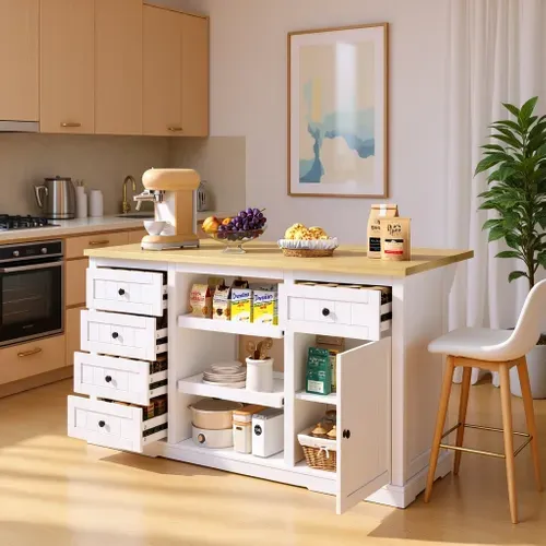 Îlot Cuisine Blanc Bois 5 Tiroirs