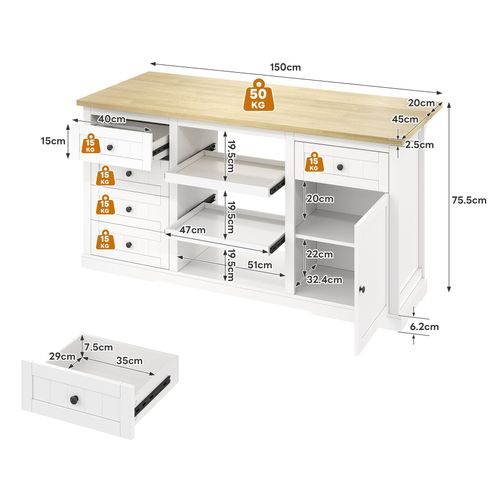 Îlot Cuisine Blanc Bois 5 Tiroirs