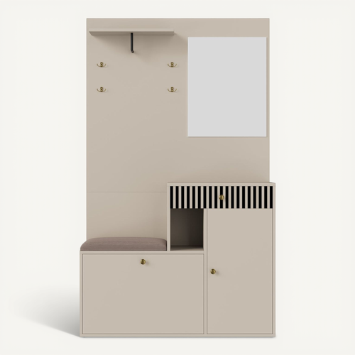 Vestiaire D’entrée Beige Avec Miroir, Banc, Porte-manteaux Et Meuble à