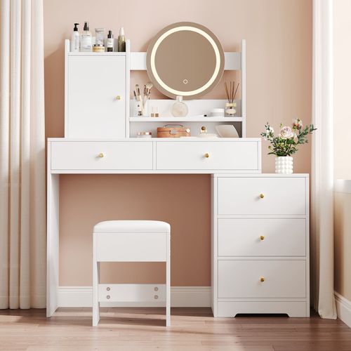 Coiffeuse Moderne Blanche Avec Tabouret, Miroir LED, 5 Tiroirs