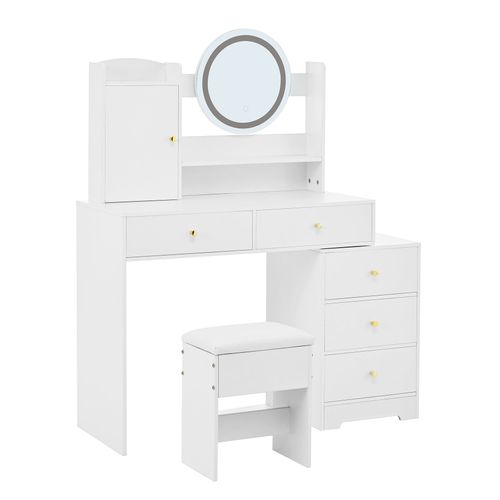 Coiffeuse Moderne Blanche Avec Tabouret, Miroir LED, 5 Tiroirs