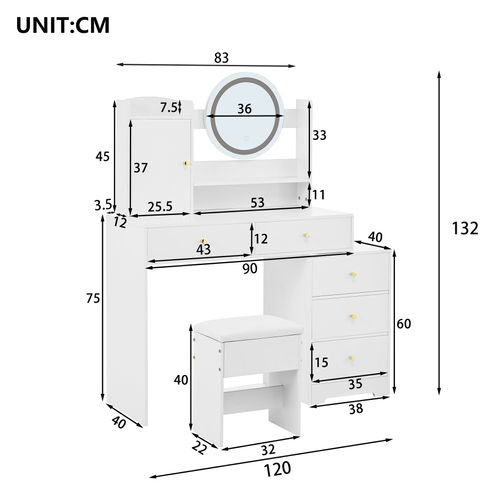 Coiffeuse Moderne Blanche Avec Tabouret, Miroir LED, 5 Tiroirs