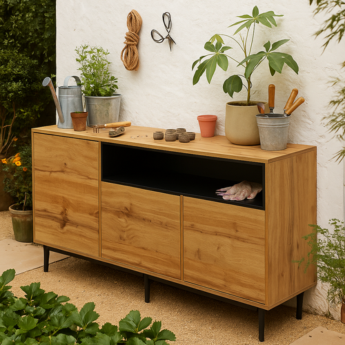 Meuble De Rangement Jardin Bois Clair Avec Niche Ouverte Noire
