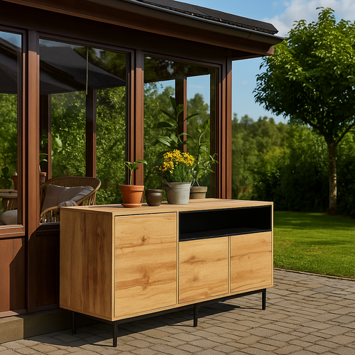 Meuble De Rangement Jardin Bois Clair Avec Niche Ouverte Noire