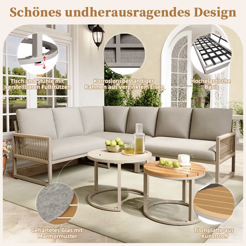 Salon Jardin Angle 6-7 Pers - 2 Tables Gigognes Effet Marbre et Coussins