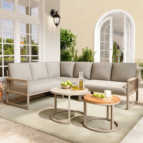 Salon Jardin Angle 6-7 Pers - 2 Tables Gigognes Effet Marbre et Coussins