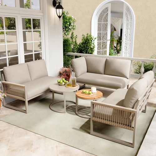 Salon Jardin Angle 6-7 Pers - 2 Tables Gigognes Effet Marbre et Coussins