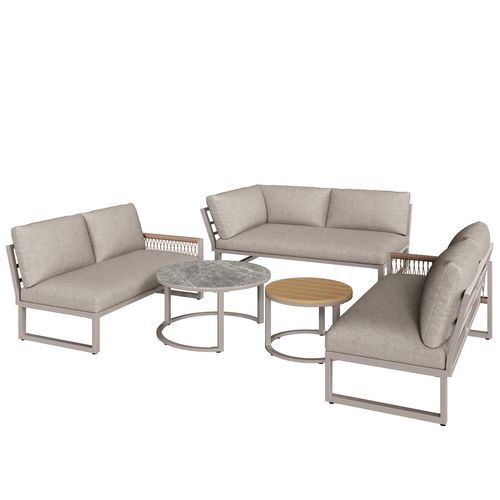 Salon Jardin Angle 6-7 Pers - 2 Tables Gigognes Effet Marbre et Coussins
