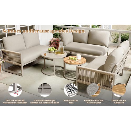 Salon Jardin Angle 6-7 Pers - 2 Tables Gigognes Effet Marbre et Coussins