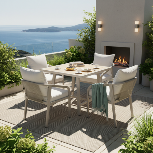 Ensemble Repas Jardin 4 Pers - 4 Fauteuils Corde et Table Effet Bois - Khaki/beige
