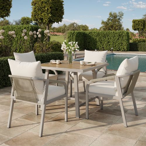 Ensemble Repas Jardin 4 Pers - 4 Fauteuils Corde et Table Effet Bois - Khaki/beige