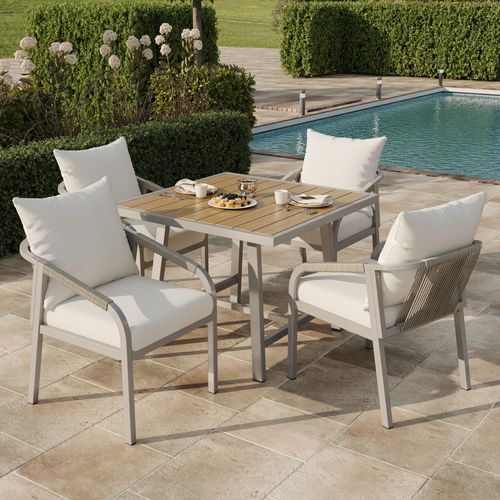 Ensemble Repas Jardin 4 Pers - 4 Fauteuils Corde et Table Effet Bois - Khaki/beige